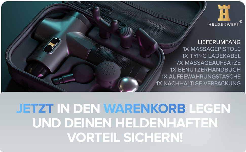 Масажер для м'язів Heldenwerk: 7 насадок, 30 швидкостей, USB-C, нагрівання | Масажна пістолета, масажер для тіла