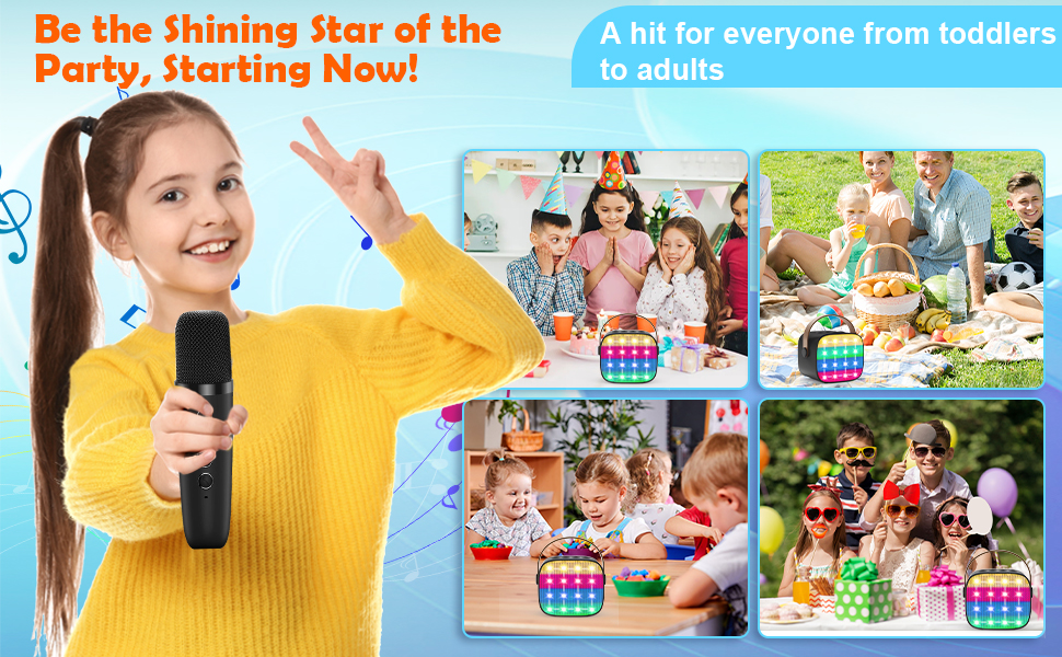 Дитяча караоке-машина з 2 мікрофонами, Bluetooth, світлові ефекти, для дівчаток та хлопчиків 3-12 років