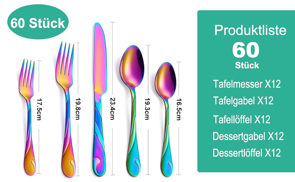 Набір столових приборів ES на 12 осіб (60 предметів), нержавіюча сталь, набір виделок, ножів та ложок, для посудомийної машини, кольоровий (Райдуга)