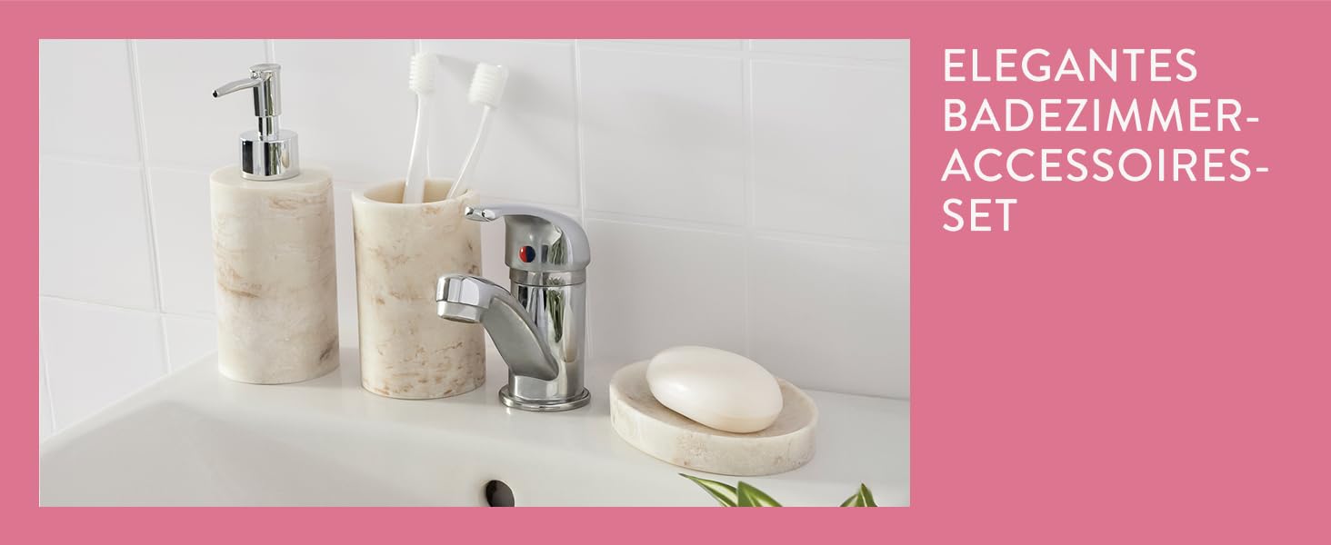 Набір для ванної кімнати Navaris: дозатор мила, стакан для зубної пасти, аксесуари для ванної кімнати (3 шт.) - штучний камінь, бежевий