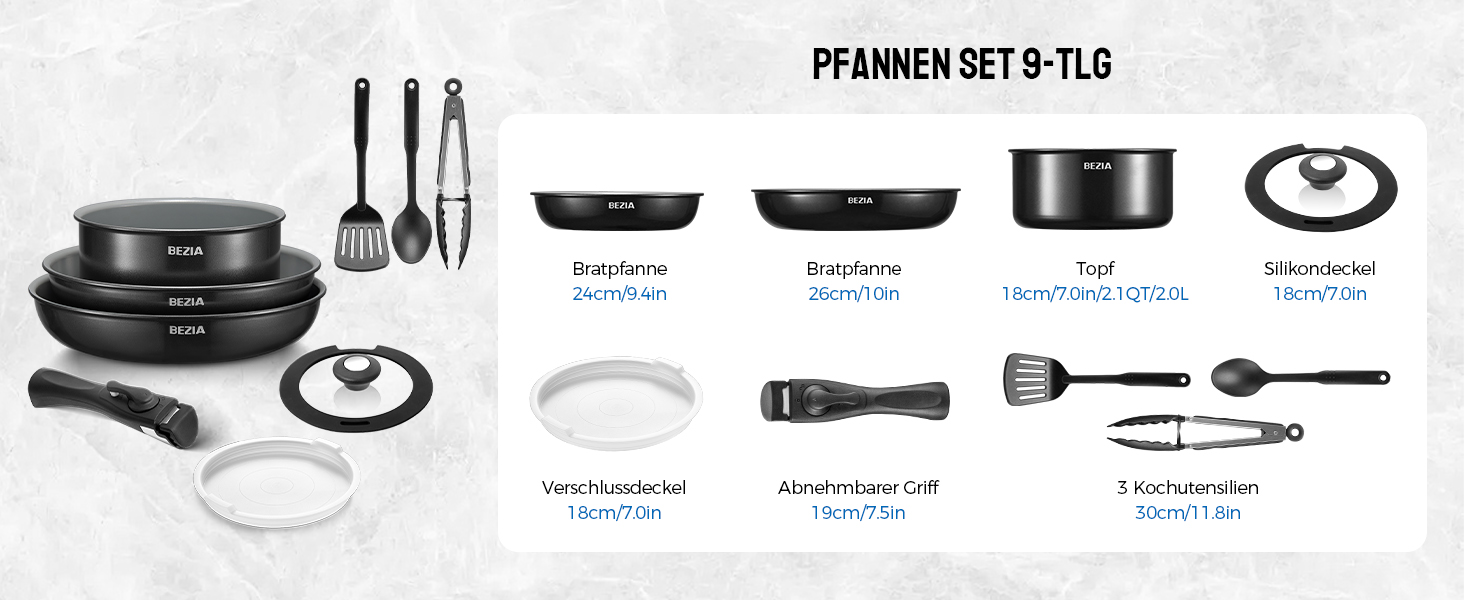 Набір каструль Bezia з керамічним покриттям (9 предметів) - каструлі та сковорідки для індукційних плит, антипригарне покриття, для кемпінгу, сумісні з усіма типами плит, складені, набір сковорідок, придатні для духовки