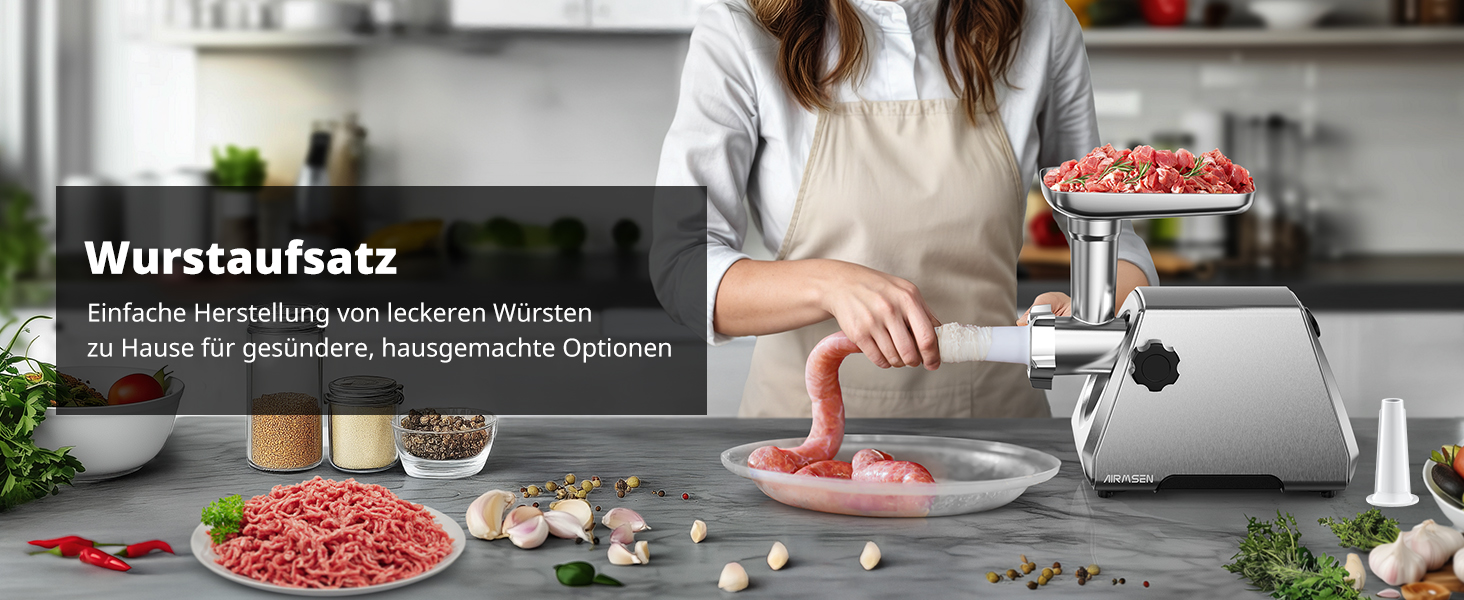 М'ясорубка електрична AIRMSEN з насадкою для ковбас, 2 сталеві ножі, 3 диски, насадка Kubbe, потужний мотор, нержавіюча сталь