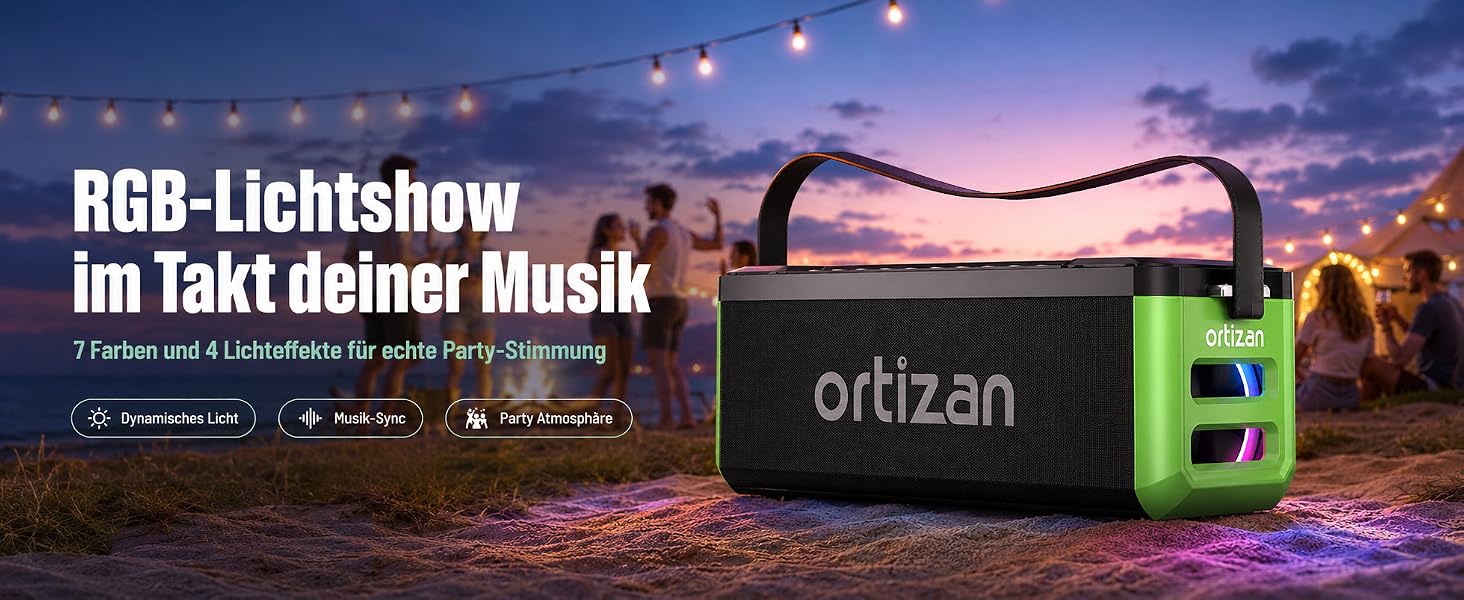 Ortizan Bluetooth колонка портативна 80 Вт, IPX7 водонепроникна, LED підсвітка, 12 год. роботи, Powerbank, стерео-з'єднання, зелено-чорна