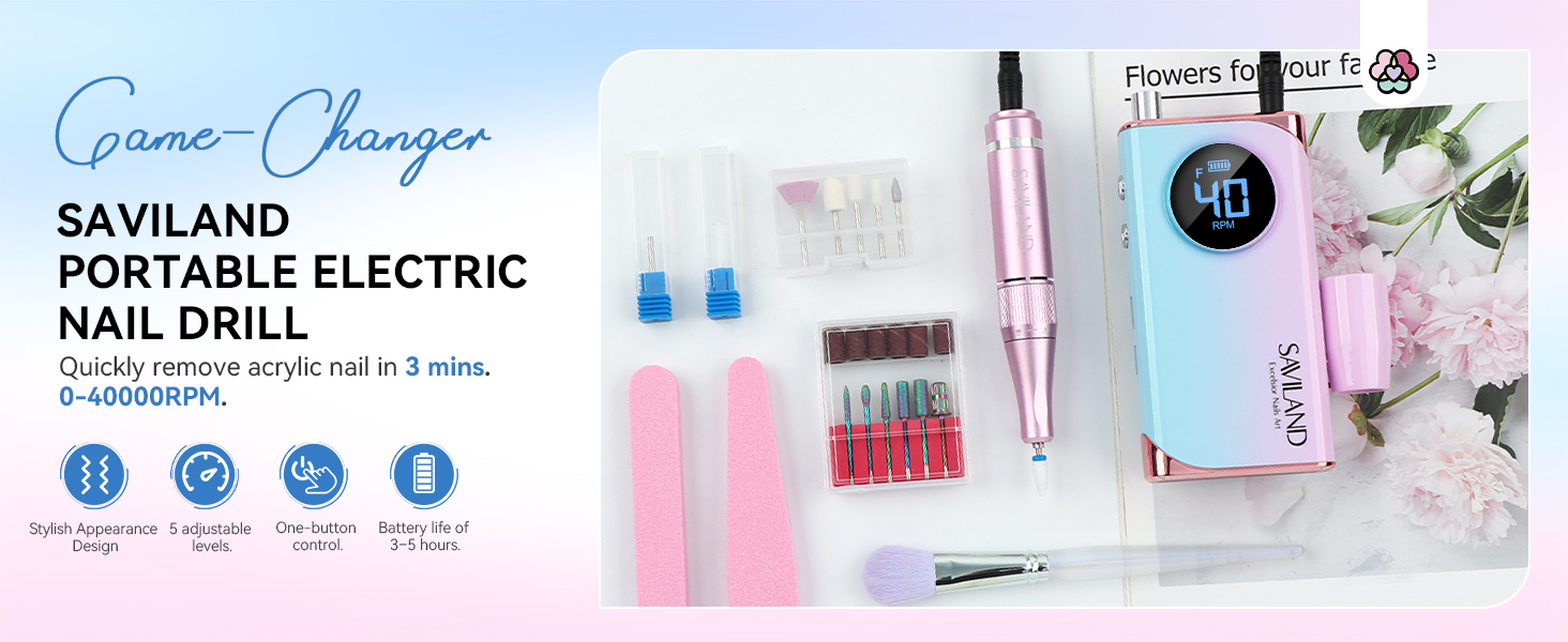 Електрична фрезер для нігтів Saviland 40000 об/хв, 12 в 1, професійний манікюр/педикюр, 4000mAh, USB, портативна, з набором фрезерних насадок, градієнтний колір
