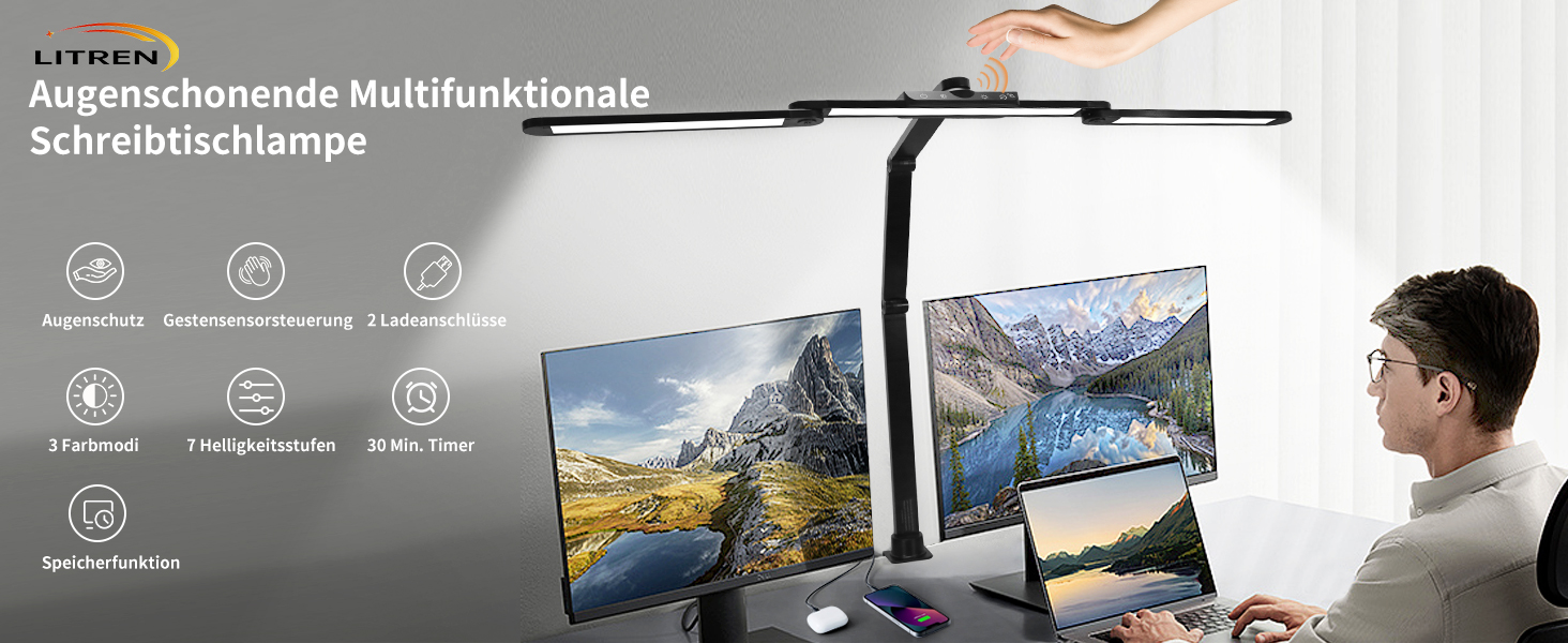 LED лампа для столу Litren 80 см з USB, сенсорне управління та таймер, 24W, чорна