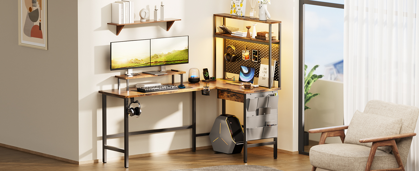 Ігровий стіл кутовий 150x100 см з 3 розетками та 2 USB, зворотний, з LED підсвіткою, з ящиками та підставкою для монітора. Колір: коричневий.