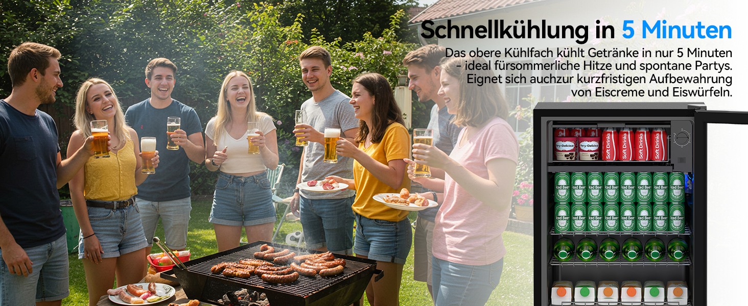 Холодильник для напоїв Devoko 93L з скляними дверцятами та LED-підсвіткою. Регульовані полиці для колі, пива та вина. Чорний колір, ідеально для дому та офісу.