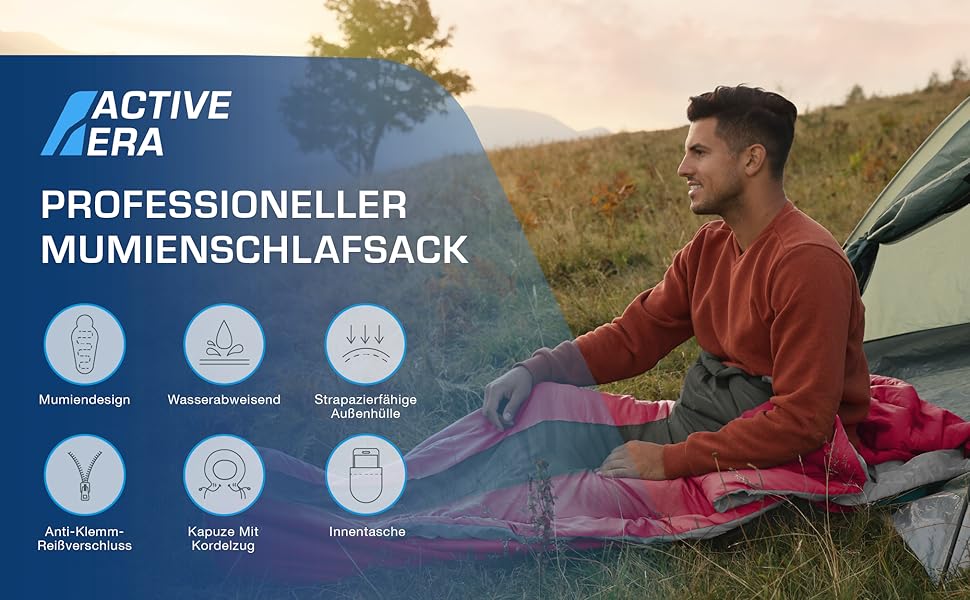 Сплячий мішок Active Era Mumienschlafsack - зимовий та літній, водонепроникний, вітрозахисний, ультралегкий, температурний режим -10°C до 10°C, компактний, для кемпінгу (рожевий)