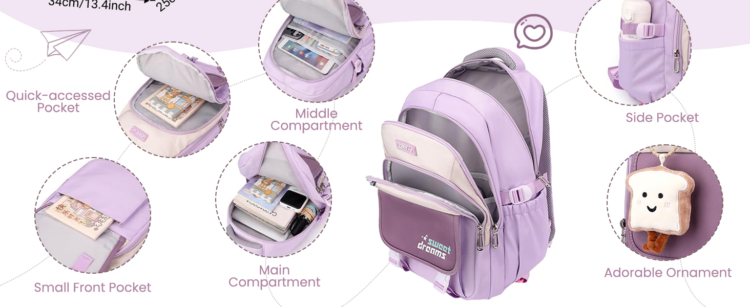 Шкільний рюкзак для дівчаток 2-10 класів, 32L, легкий дитячий рюкзак | Дихаюча спинка | М'які лямки | Брест-стрічка, ранці для школи, рюкзак для підлітків 8+ років, фіолетовий