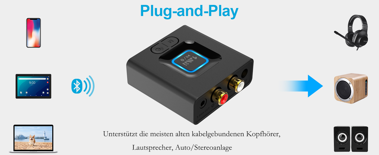 1Mii ML201 Bluetooth адаптер для стереосистеми: бездротовий аудіо приймач з AUX/Cinch, для ПК, смартфонів та планшетів, 12 годин роботи, режим басів Medium