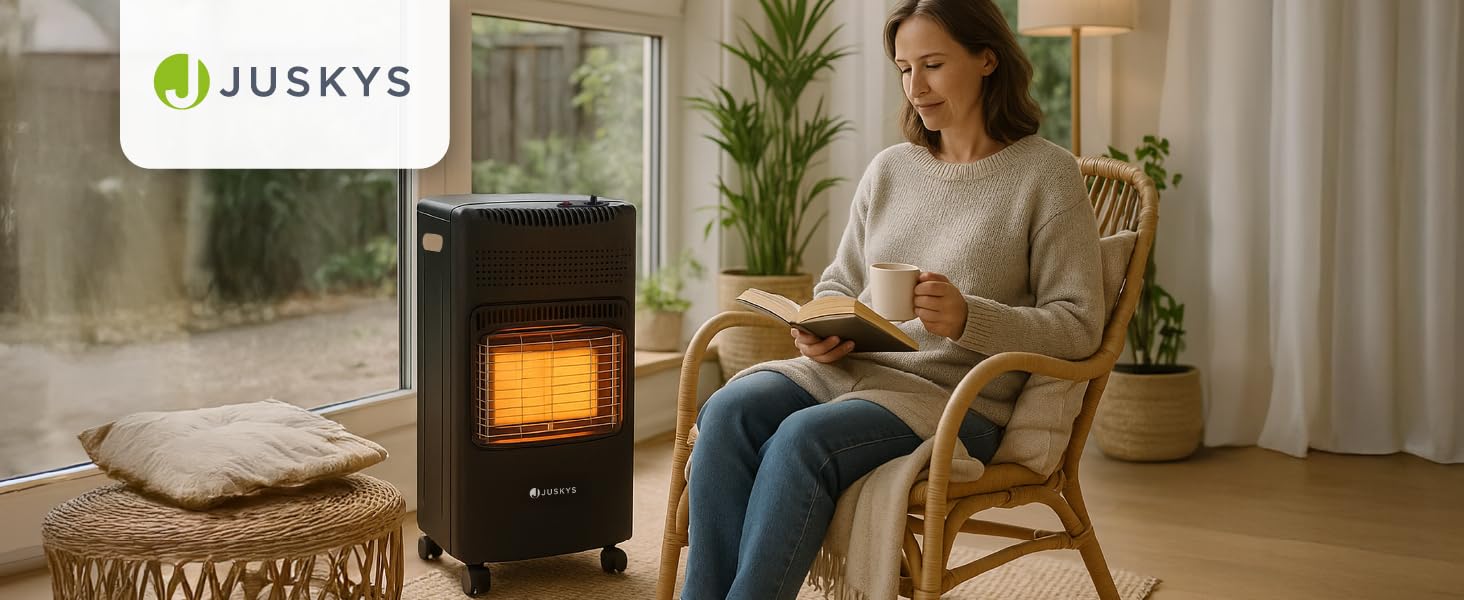 Газовий обігрівач Juskys® GS42US - 4200 Вт, чорний колір, з регулятором тиску та шлангом. Мобільний, ефективний та енергозберігаючий газовий нагрівач, газовий камін, газове обладнання