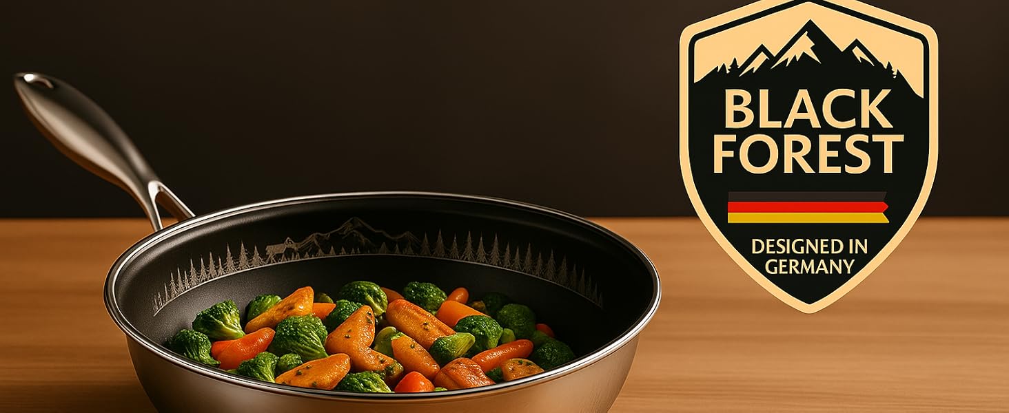 FIXLINE® Сковорода Black Forest 28 см з антипригарним покриттям без PTFE, сумісна з усіма типами плит (включаючи індукцію), можна використовувати в духовці до 230°C, легко миється, ідеальна ідея для подарунка