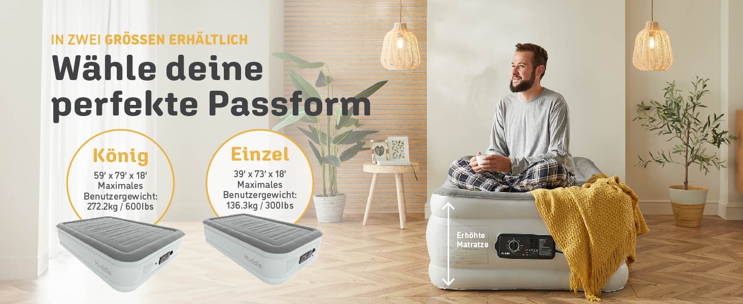 Huddle® Luxury Never Deflate - Надувна Матрац Single з Dual-Pump SlumberGuard™ | З Інтегрованою Помпою | Преміум Якість