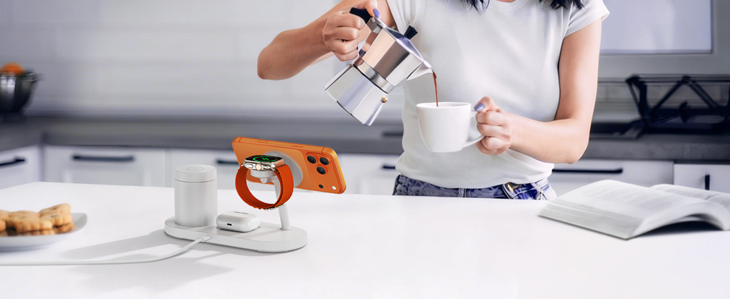 GEEKERA 25W Бездротова зарядка 4-в-1 MagSafe для iPhone 17/16/15/14/13/12, Apple Watch, AirPods + Блок живлення 45W (білий)