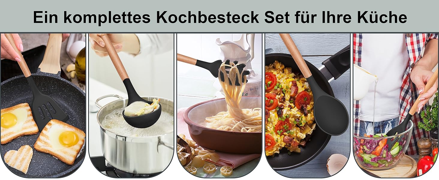 Набір кухонних аксесуарів Herogo: 12 шт. силіконове кухонне приладдя з тримачем, стійке до високих температур, з дерев'яними ручками, антипригарний лопатка (чорний)