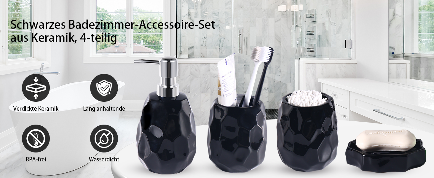 Набір аксесуарів для ванної кімнати, 4 шт: диспенсер для мила, мильниця, тримач для зубних щіток, стаканчик для зубних щіток, органайзер для ванної кімнати (Чорний)