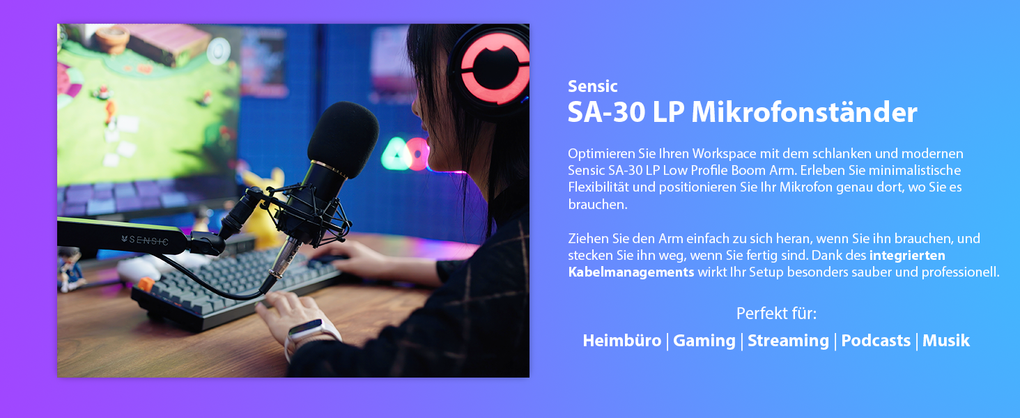 Мікрофонний тримач SENSIC SA-30 LP Low Profile з регульованим підлокітником, 360° обертання, для стрімінгу, інтегроване кабельне кріплення, універсальний, настільний