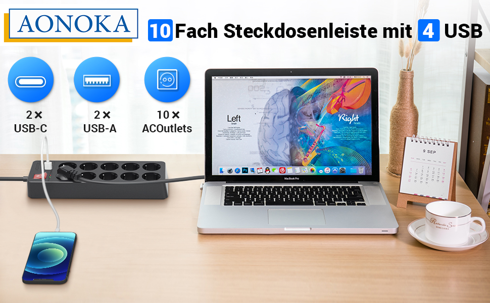 Мережевий фільтр 8 розеток з USB C, захист від перенапруги, адаптер з 2*USB A та 2*USB C, мережевий перехідник з подвійним вимикачем, кабель 1.5м чорний