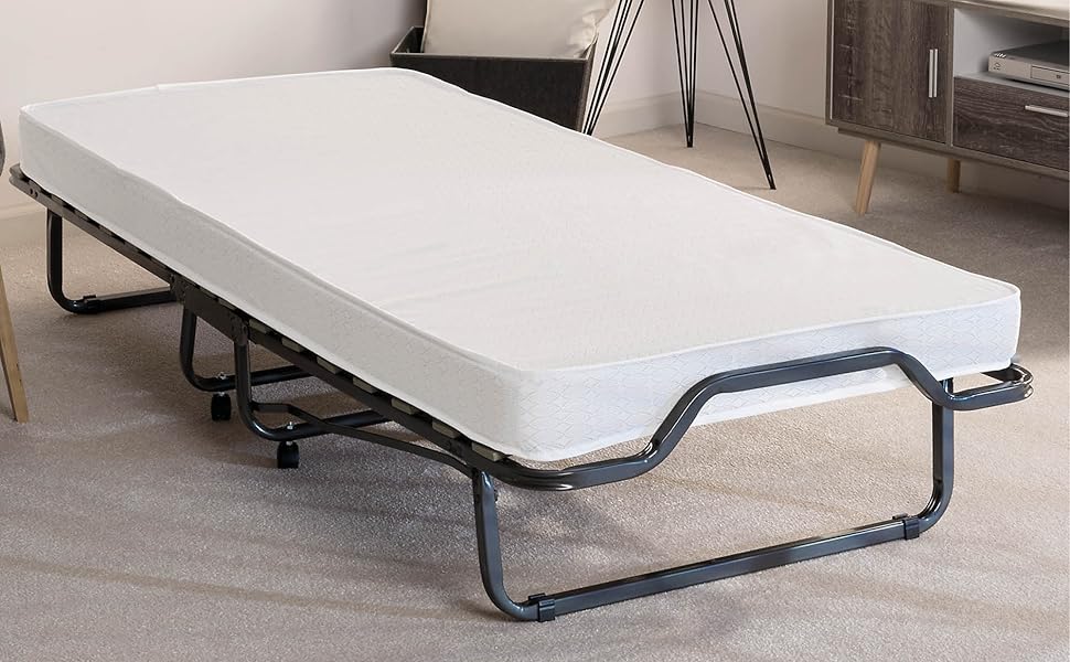 Beautissu Folding Guest Bed 90x200 cm - Durable & Foldable Travel Bed with Cover & 10.5cm Thick Foam Mattress - Folding Bed without Assembly - Stable Steel Frame & 4 Venetia Swivel Wheels 90x200 cm White