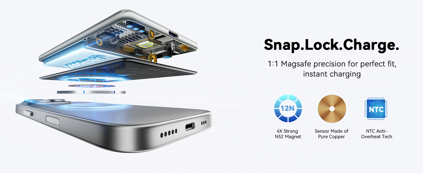 Powerbank Kuulaa MagSafe 5000mAh, Швидка зарядка, USB-C, для iPhone 17/16/15/14/13/12/Pro/Pro Max, срібло