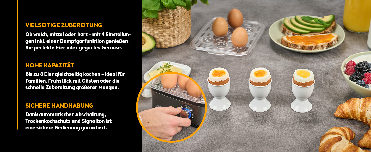 Яйцеварка First Austria TZS Grey - 8 яєць, 4 режими, функція приготування на пару, автовимкнення, захист від перегріву, мірна склянка та формочки для яєць