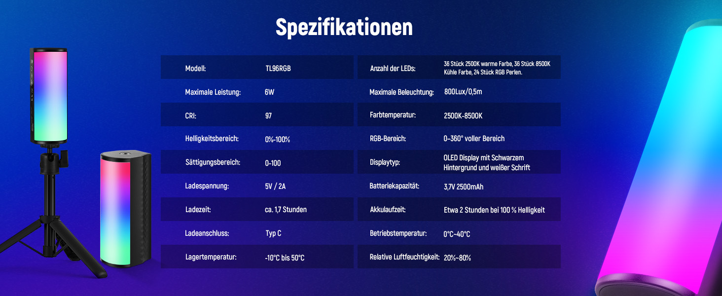NEEWER світловий стержень з магнітним основанням та штативом, RGB LED відеоліхтар, 2500mAh, 2500-8500K, для фото- та відеозйомки, TL96RGB