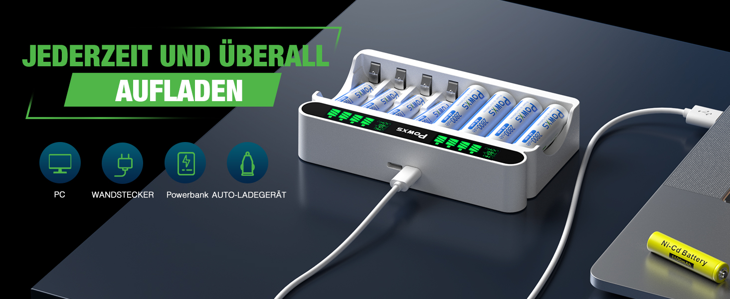 Зарядний пристрій POWXS для акумуляторів NI-MH NI-CD AA/AAA, 8 слотів, LCD дисплей, швидка зарядка Micro USB/Type-C