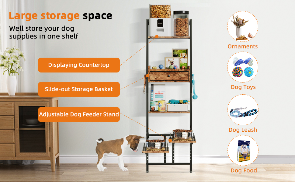 Підвищена годівниця для собак з місцем для зберігання та двома антиковзними килимками, для великих собак, регульована висота, настінний монтаж, колір вінтажний коричневий