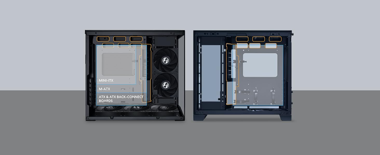 Корпус Lian Li O11 Dynamic Mini V2 Flow: компактний ATX Midi-Tower з двокамерним дизайном, скляною панеллю та модульною конструкцією. 5 вентиляторів встановлено. Чорний колір.