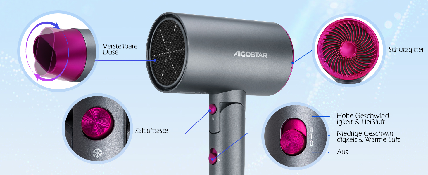 Aigostar Фен для подорожей 2100W з складною ручкою, сірий, з захистом від перегріву, з сумкою