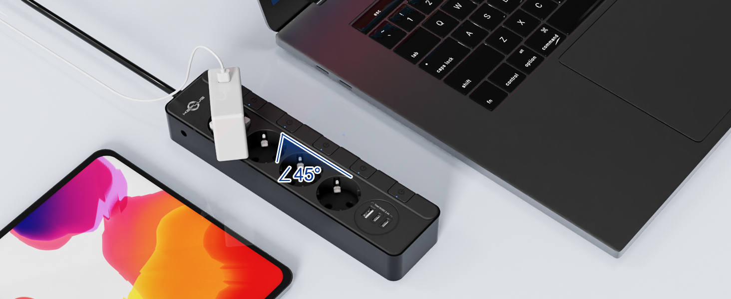 Мережевий фільтр KEPLUG з USB (4000W, 16A) - 6 розеток, 3 USB, індивідуальне вмикання, захист від дітей, 2м кабель, чорний