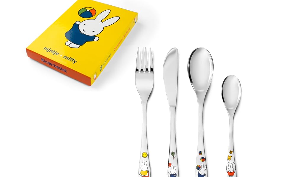Дитячий столовий набір Miffy, 4 шт., нержавіюча сталь, сріблястий, 21.5 x 15.5 x 2.5 см