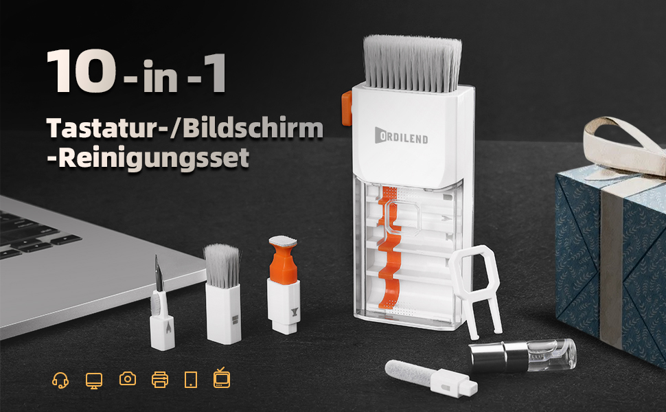 Набір для чищення клавіатури та гаджетів Ordilend: щітка, спрей, для ноутбука, телефону, планшета, ПК, монітора, камери