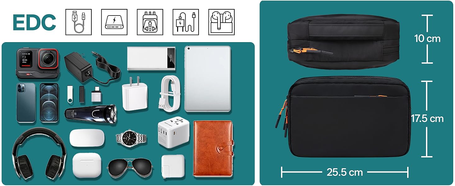 Органайзер для кабелів Teskyer - водонепроникний, портативний, для подорожей, 25 x 17 x 8 см, чорний