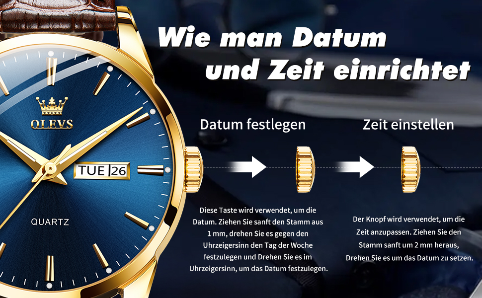 Чоловічий годинник OLEVS з нержавіючої сталі, кварцовий аналоговий годинник, класичний діловий годинник, водостійкий, з підсвічуванням, з датою, на шкіряному ремінці (C2-блакитний циферблат/коричневий ремінь)