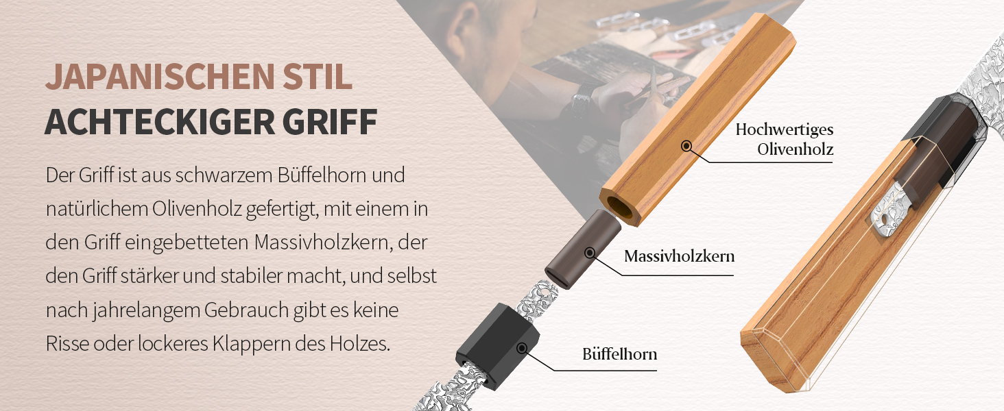 Японський ніж Kiritsuke XINZUO з дамаської сталі, 21.5 см, Gyuto, ручка з оливкового дерева та чорного рогу буйвола, ручна робота, з піхвою