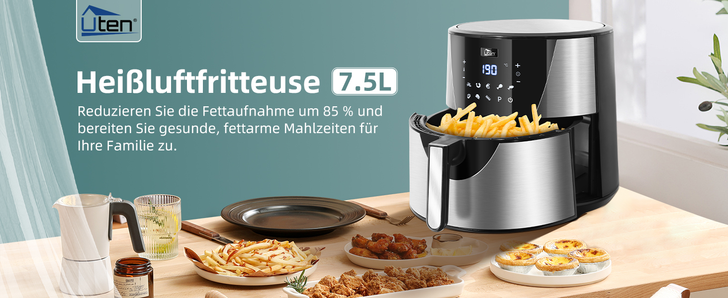Електрична фритюрниця Uten 5.5L XXL з гарячим повітрям, 1700W, таймер, антипригарне покриття, для 2-8 осіб, чорна
