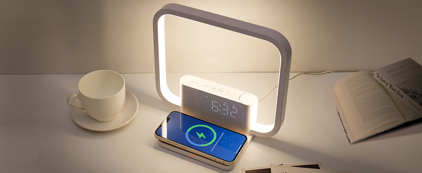 Нічна лампа RETEYUNG з бездроговою зарядкою 10W, 2 будильники, денний світловий будильник, 10 заспокійливих звуків, торкання, регулювання яскравості (3 рівні) (Сучасний дизайн)