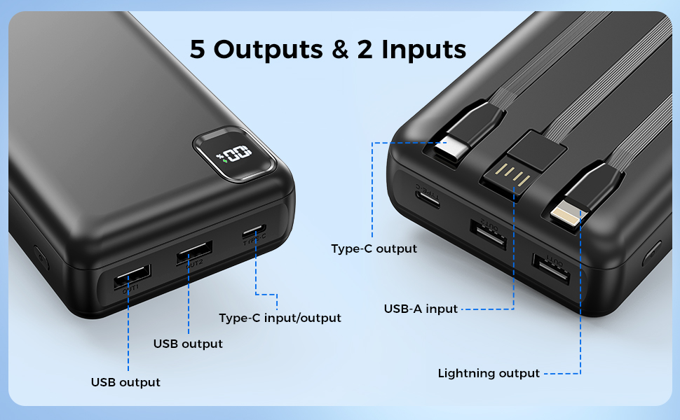 Повербанк Powerbank 50000mAh P500C з вбудованими кабелями та LED-дисплеєм, швидка зарядка USB-C, зовнішній акумулятор для iPhone, Android та планшетів, чорний