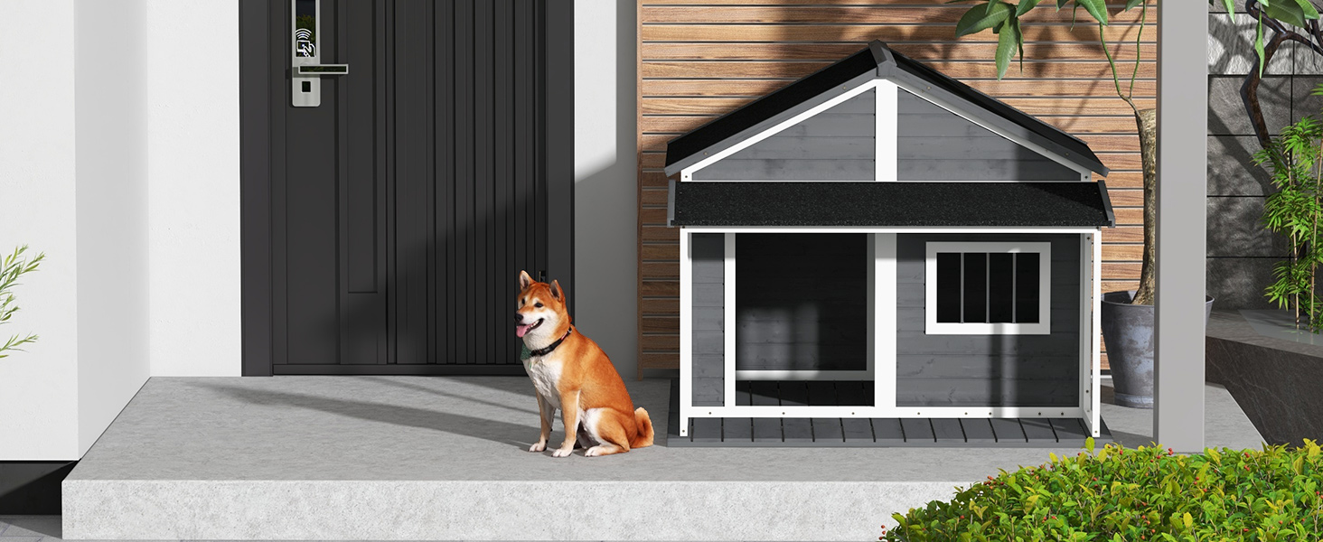 Будка для собак PawHut з масивного дерева, клітка для дрібних тварин, собача будка з терасою, асфальтовий дах, зовнішня, стійка до погодних умов, сіра, 124 x 112 x 105 см