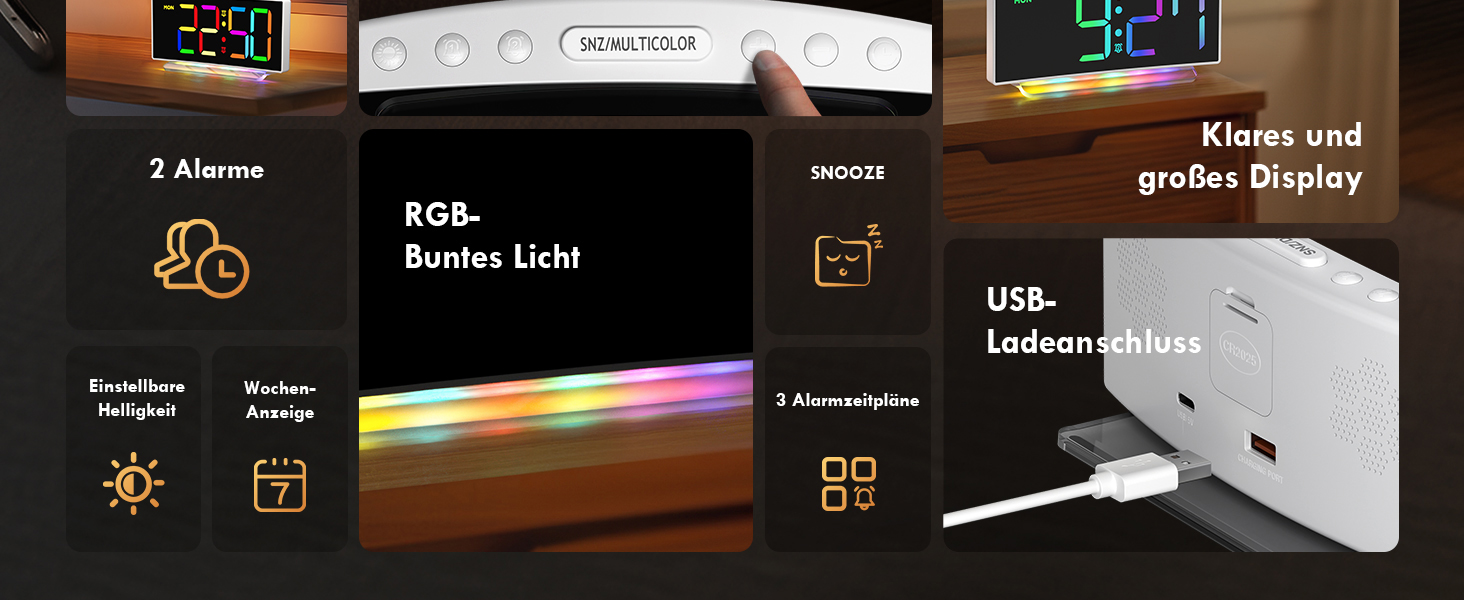Цифровий LED будильник з RGB нічним підсвічуванням (7 кольорів), мережевий будильник з 2 сигналами, функцією Snooze, регулюванням гучності та яскравості, 12/24г, білий