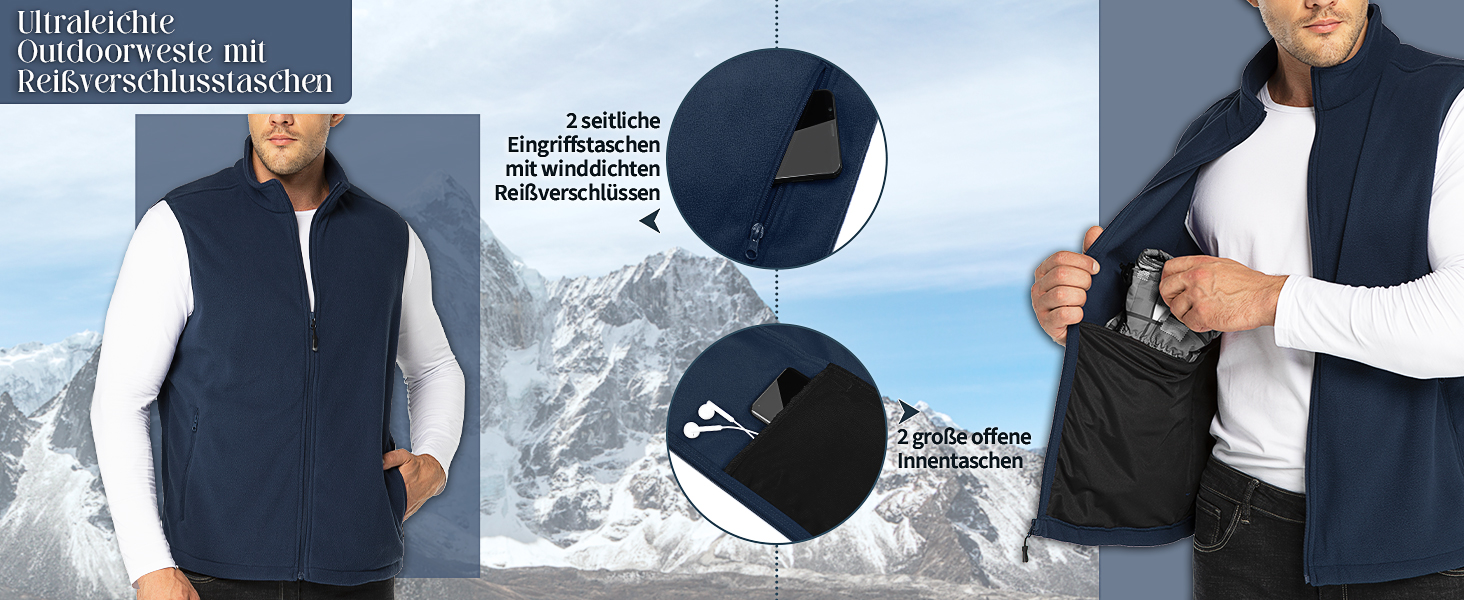 Чоловіча флісова жилетка 33000ft - ультралегка, без рукавів, з кишенями та блискавкою, чорна