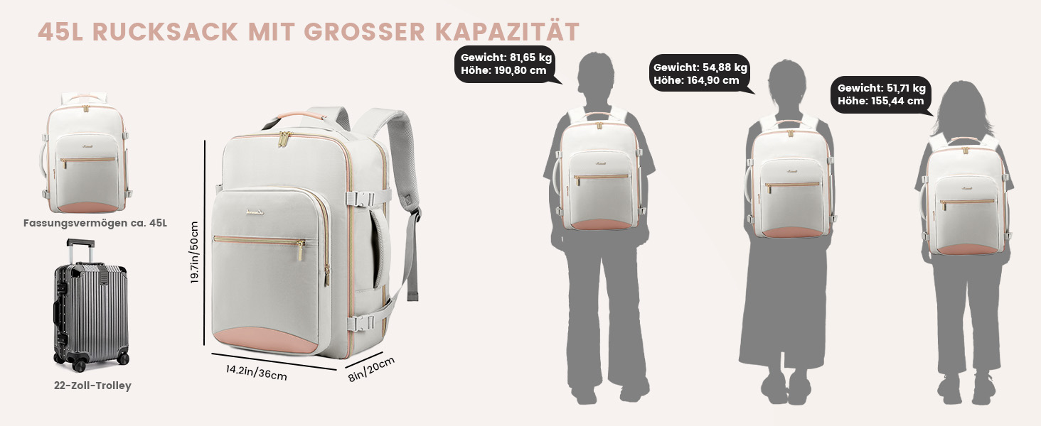 Рюкзак LOVEVOOK для ручної поклажі в літак, 40L, великий, для жінок, валіза-рюкзак, водонепроникний, для ноутбука 17 дюймів, для подорожей, бізнесу, відпочинку, хайкінгу, вихідних (L, чорний+коричневий)