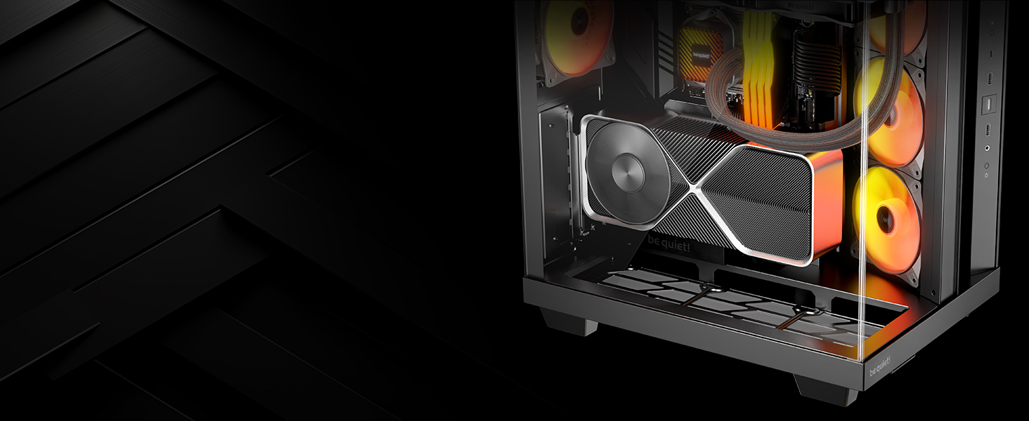 be quiet! Light Base 500 LX: Чорний корпус ПК з повністю прозорою передньою та бічною панелями, Show Case, Dual Chamber Design, 4 вентилятори Pure Wings 3 PWM, без RGB, задній порт-дизайн