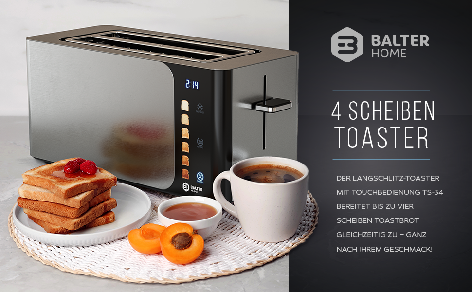 Тостер Balter 4 Scheiben з сенсорним керуванням, нержавіюча сталь, підставка для булочок, LCD дисплей, функція підігріву, центрування хліба, TS-34 (Ts-44-silber)