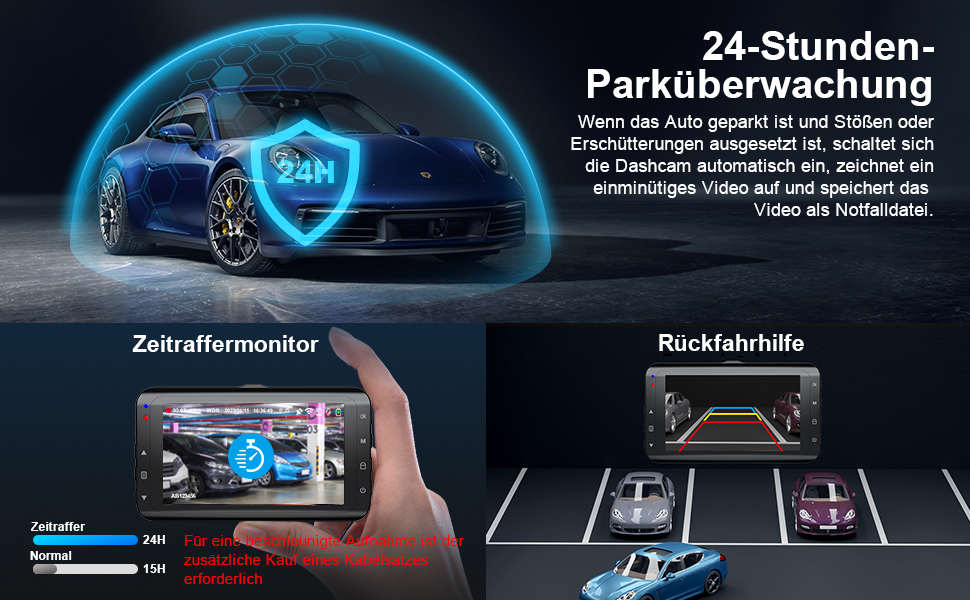 Відеореєстратор у машину Dashcam 4K з двома камерами, WiFi, 64GB SD карта, паркувальний асистент, нічне бачення, 170°+140° кут огляду, 3' IPS дисплей, G-сенсор, циклічна запис, паркування, підтримка карт до 256GB