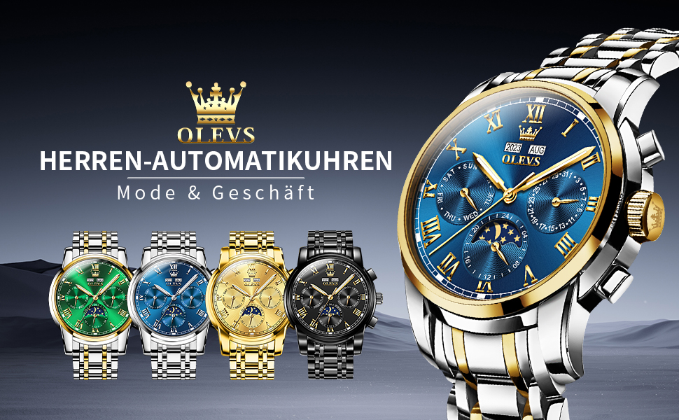 Чоловічий механічний годинник OLEVS 6692 з автопідзаводом: золотистий корпус, чорний циферблат та ремінець, фаза місяця, водонепроникний, люкс бізнес-стиль