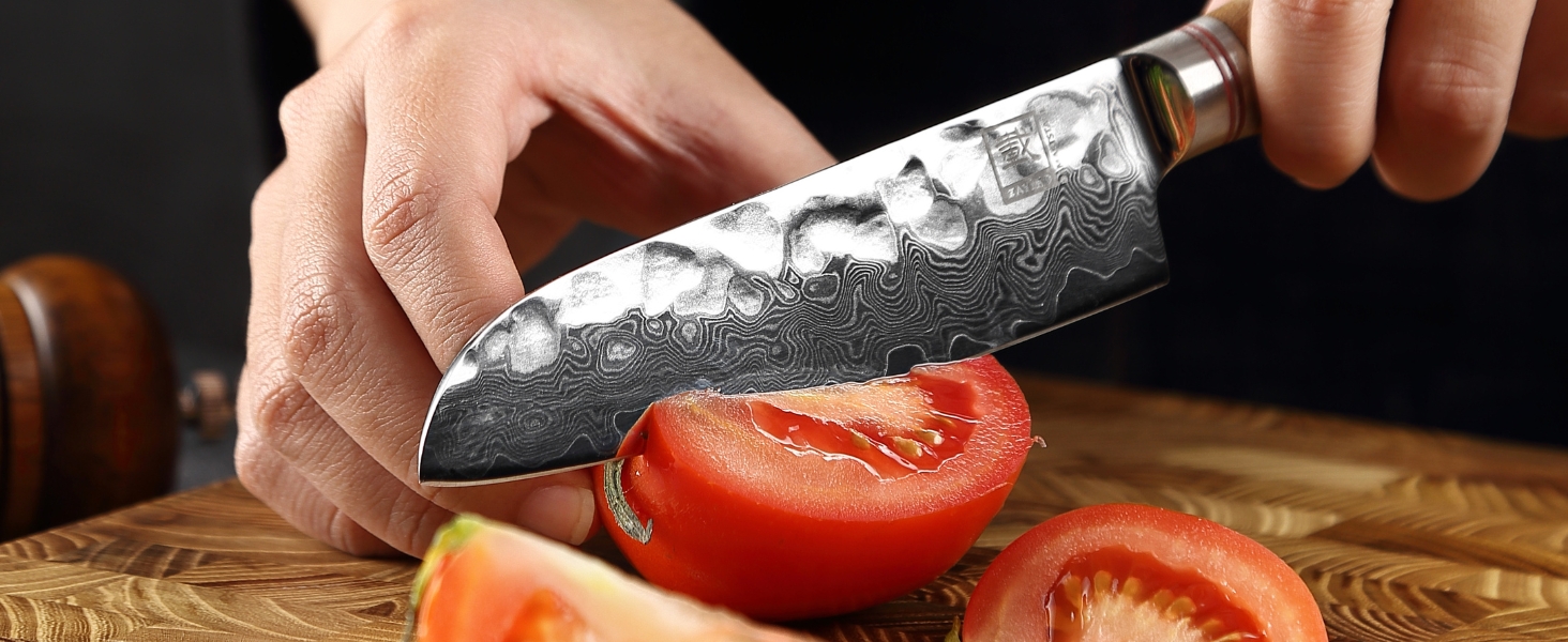 Японський ніж Santoku Zayiko Minami Premium з 12 см лезом з дамаської сталі 67 шарів, ручка з оливкового дерева, дерев'яна коробка. Кухонний ніж для професіоналів та дому без гравіювання
