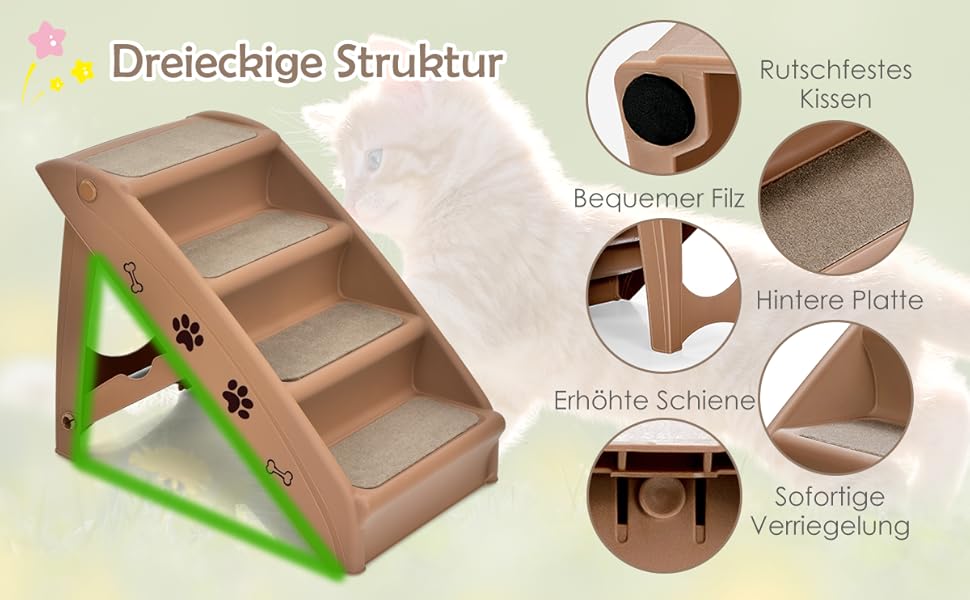 COSTWAY 4-Step Pet Stairs with Carpet, Dog Stairs Plastic Cat Stairs Foldable, Portable Dog Ramp Pet Stairs for Dogs and Cats, Pet Ramp for Climbing and Scratching (Beige)