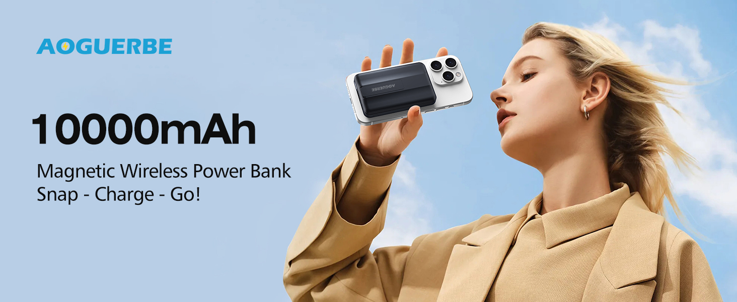 Power Bank AOGUERBE 10000mAh з MagSafe, LED дисплеєм, PD 22.5W, для iPhone 17/16/15/14/13/12 (Чорний)